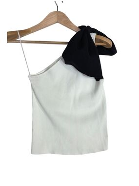 Zara One-Shoulder Ribbed knit Tank Top with Black Bow - White
